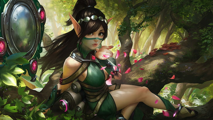 digital art, artwork, video games, women, brunette, black hair, fantasy art, thighs, looking at viewer, cleavage, elves, pointed ears, tight clothing, veils, ponytail, Paladins: Champions of the Realm, Ying (Paladins), HD wallpaper