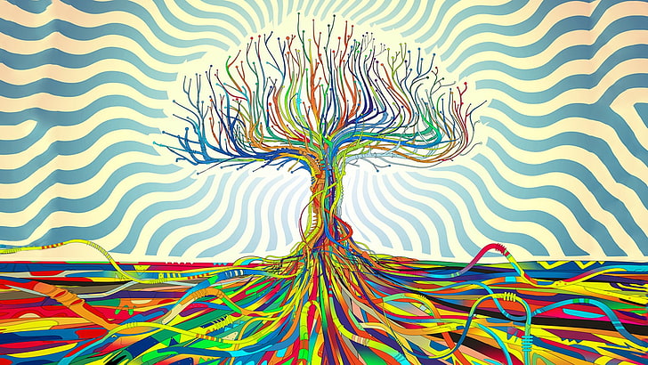 wielobarwna ilustracja drzewa kablowego, streszczenie, Matei Apostolescu, drzewa, psychodelia, druty, Tapety HD