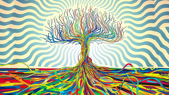 ilustração de árvore de cabo multicolorido, resumo, Matei Apostolescu, árvores, psicodélico, fios, HD papel de parede HD wallpaper