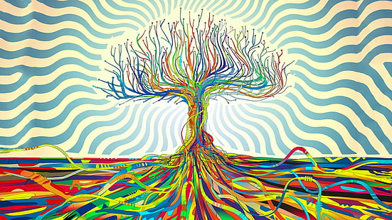 psykedelisk, trådar, Matei Apostolescu, abstrakt, träd, HD tapet HD wallpaper