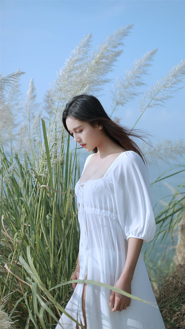 women, Asian, women outdoors, see-through clothing, white dress, grass, HD wallpaper