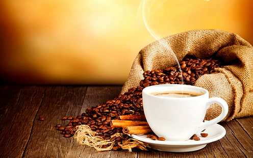 Aroma Kopi, mug kopi keramik putih dengan cawan dan biji kopi, minuman, kopi, kayu manis, cawan, biji-bijian, 3d dan abstrak, Wallpaper HD HD wallpaper