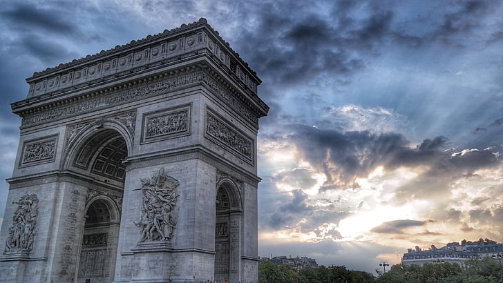 arc de triomphe, arch, architecture, art, building, clouds, france, landmark, paris, HD wallpaper