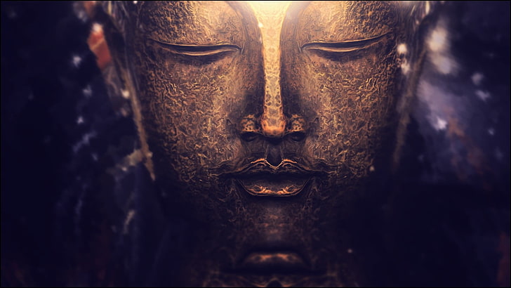 Статуэтка Будды Гаутамы, статуя лица Будды, Будда, медитация, духовность, буддизм, боке, огни, пурпурный, золото, макро, фотография, глубина резкости, дзен, HD обои