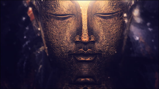 Статуэтка Будды Гаутамы, статуя лица Будды, Будда, медитация, духовность, буддизм, боке, огни, пурпурный, золото, макро, фотография, глубина резкости, дзен, HD обои HD wallpaper