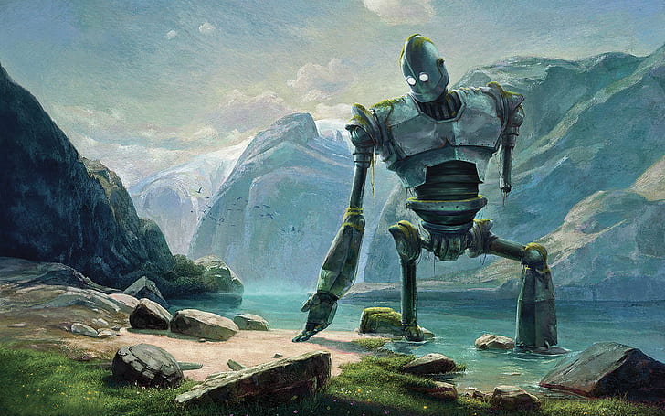 mountains, river, shore, robot, giant, Steel giant, The Iron Giant, HD wallpaper