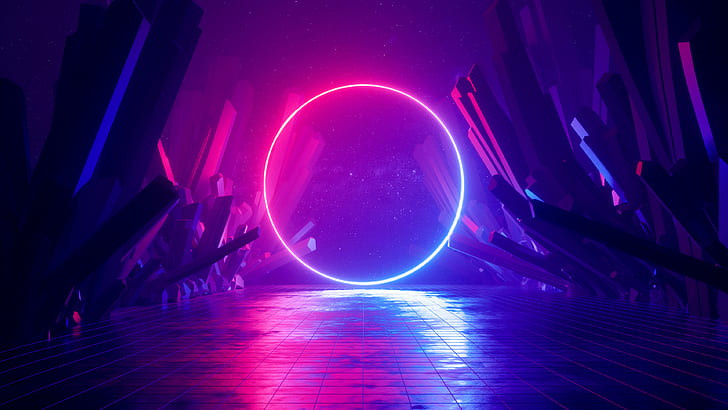 digital, digital art, artwork, illustration, abstract, neon, neon lights, lights, reflection, colorful, glowing, neon glow, purple, blue, pink, dark, shadow, rocks, circle, 3D Abstract, space, galaxy, landscape, virtual reality, science fiction, 3D, Ultraviolet, rings, HD wallpaper