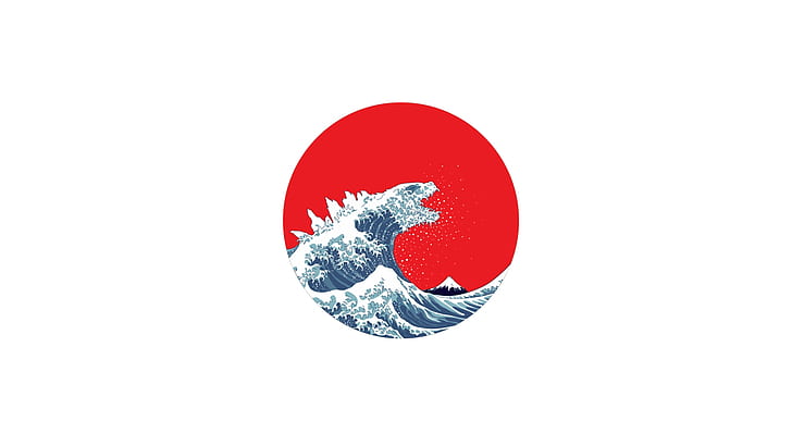 minimalism, Godzilla, Japan, The Great Wave off Kanagawa, waves, HD wallpaper