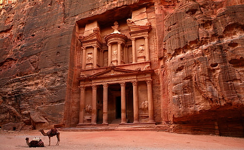 brown concrete building, nature, landscape, desert, sand, Petra, Jordan (country), camels, temple, historic, ancient, architecture, rock, column, HD wallpaper HD wallpaper