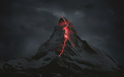 lights, Switzerland, dark, snow, climbing, Swiss Alps, landscape, Matterhorn, mountains, storm, Alps, clouds, nature, evening, HD wallpaper HD wallpaper