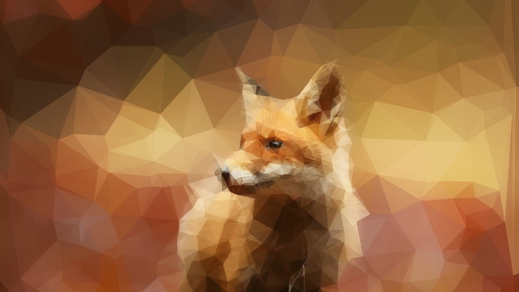raposa vermelha raposa, baixo poli, arte baixo poli, polígono, malha, trabalho artístico, arte abstrata, abstração, formas, cores, marrom, laranja, HD papel de parede
