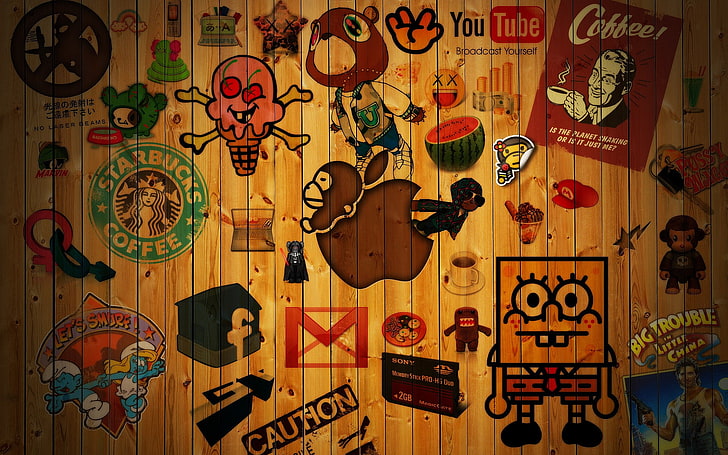 assorted-color logo illustration, Apple Inc., wood, SpongeBob SquarePants, abstract, wooden surface, artwork, logo, digital art, starbucks, The Smurfs, HD wallpaper