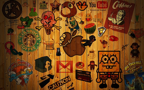assorted-color logo illustration, Apple Inc., wood, SpongeBob SquarePants, abstract, wooden surface, artwork, logo, digital art, starbucks, The Smurfs, HD wallpaper HD wallpaper