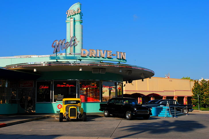 Mel's Drive In, drive-in, chevy, american, classic, ford, graffiti, chevrolet, vintage, hotrod, mels, dine, HD wallpaper