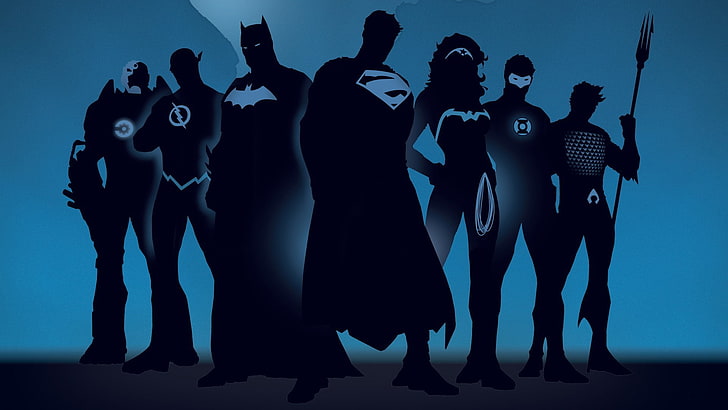 Aquaman, resmi, Batman, Mavi arka plan, DC Comics, Flash, Yeşil Fener, minimalizm, Siluet, süper kahraman, süpermen, Flaş, Wonder Woman, HD masaüstü duvar kağıdı