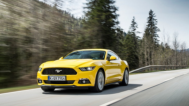 Ford Mustang GT coupé jaune, Ford Mustang, voiture, flou de mouvement, route, Fond d'écran HD