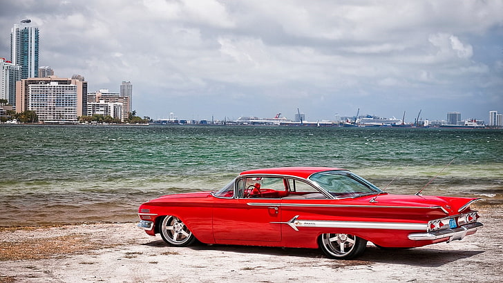 car, chevrolet impala, red car, beach, vintage car, classic car, sedan, antique car, sea, chevrolet, chevy, HD wallpaper