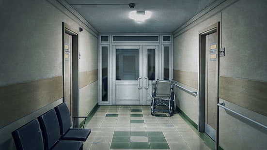 อนิเมะ, ต้นฉบับ, ห้องโถง, โรงพยาบาล, ห้อง, เก้าอี้รถเข็น, วอลล์เปเปอร์ HD HD wallpaper