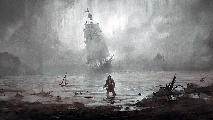 ship, pirates, fantasy art, sea, HD wallpaper
