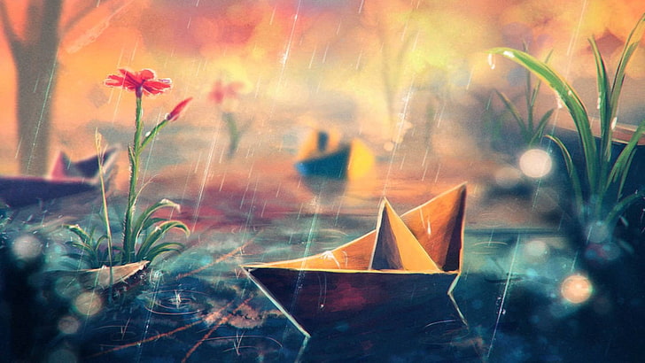 хартиени тапети за лодка, Sylar, произведения на изкуството, цветя, хартиени лодки, дъжд, вода, HD тапет