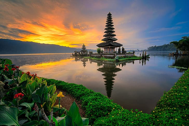 water, sunset, nature, Indonesia, seascape, Храм Улун Дану, HD wallpaper