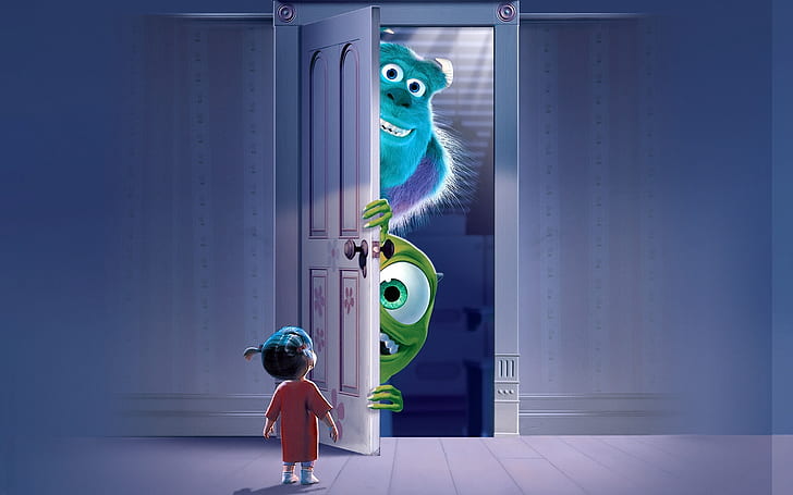 drzwi, Monsters.Inc, Mike Wazowski, Monsters Inc., James P. Sullivan, Mary Boo, Tapety HD