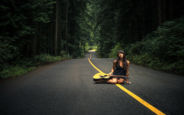 women's black spaghetti strap top and beige guitar, road, girl, music, guitar, HD wallpaper
