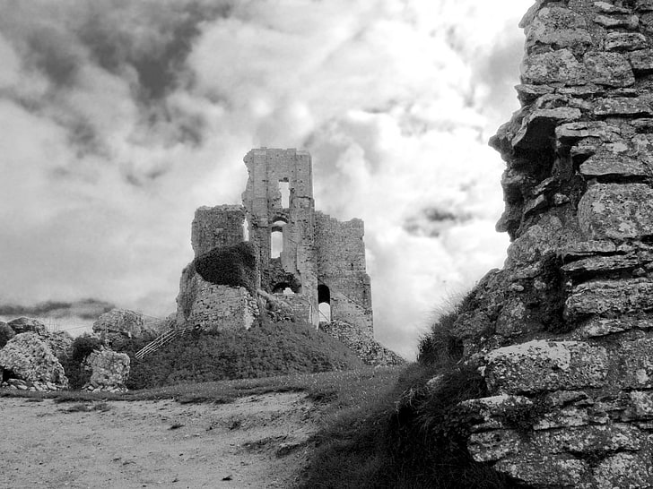 architecture, castle, ancient, tower, ruin, monochrome, photography, stones, clouds, hills, HD wallpaper