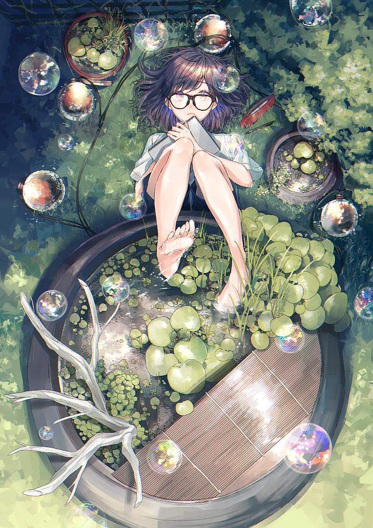anime, anime girls, glasses, plants, legs, barefoot, HD wallpaper