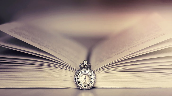 orologio da tasca tondo color argento, libri, orologio, Sfondo HD
