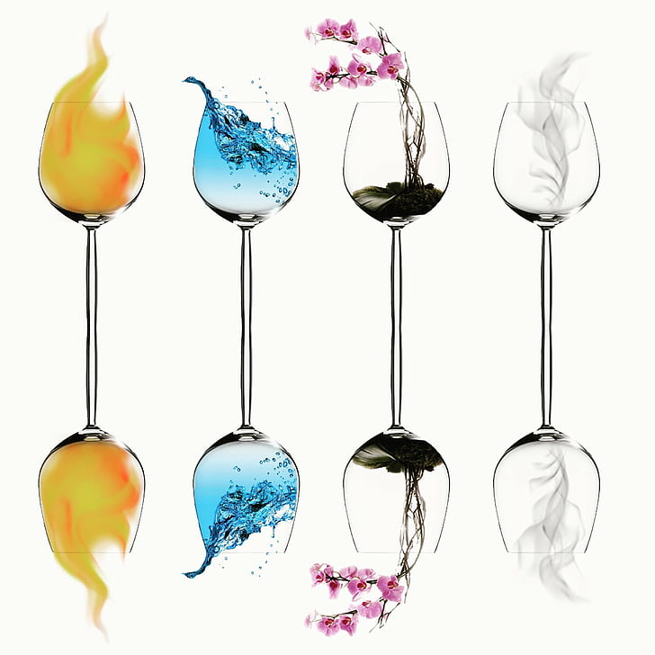четири прозрачни чаши за вино, нагоре и надолу, прозрачни, чаши за вино, абстрактни, сюрреалистични, фото манипулация, фотошоп, четири елемента, вода, огън, земя, въздух, креативни, идеи, HD тапет
