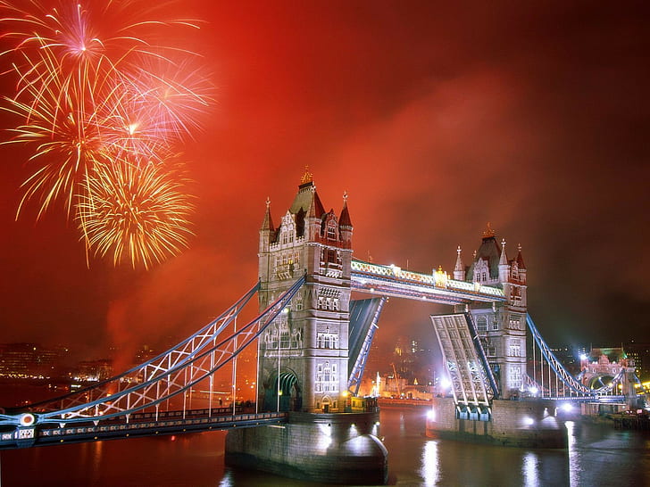 建築、都市、橋、ロンドン橋、花火、ロンドン、イギリス、テムズ川、 HDデスクトップの壁紙