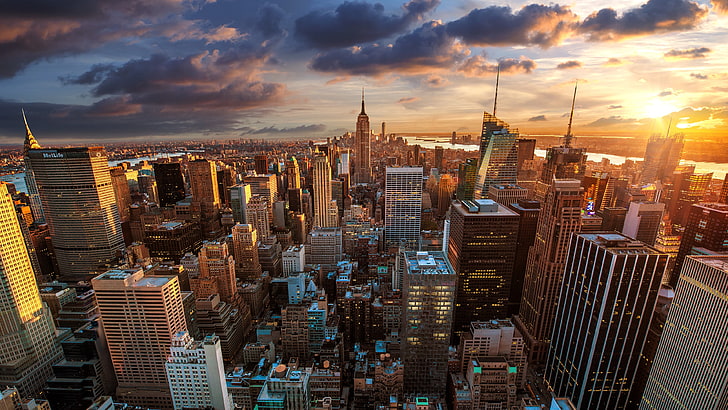 Эмпайр Стейт Билдинг, Нью-Йорк, аэрофотосъемка города, города, городской пейзаж, Нью-Йорк, небоскреб, США, закат, облака, HD обои