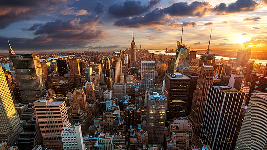 Эмпайр Стейт Билдинг, Нью-Йорк, аэрофотосъемка города, города, городской пейзаж, Нью-Йорк, небоскреб, США, закат, облака, HD обои HD wallpaper