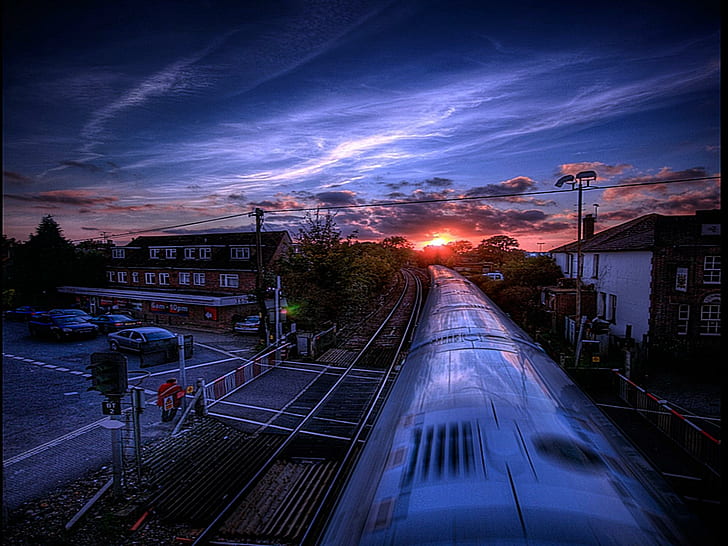 Train Leading To Sunset, lovely, cool, warm, amazing, fascinating, awesome, beauty, marvellous, 3d and abstract, HD wallpaper