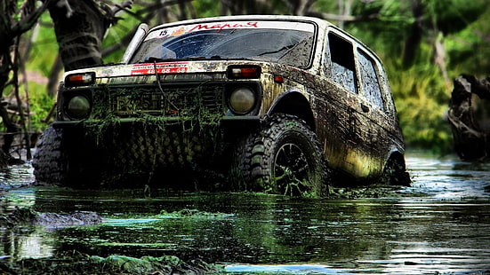 트럭, 진흙, 더러운, 물, LADA, 라다 니바, HD 배경 화면 HD wallpaper