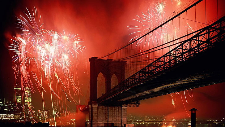 Ню Йорк Бруклин Бридж Червена фойерверка Нощният тапет за работен плот Hd Резолюция 3840 × 2160, HD тапет