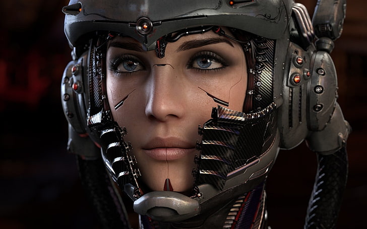 3D female wearing gray helmet digital wallpaper, CGI, futuristic, science fiction, helmet, cyborg, digital art, render, 3D, HD wallpaper