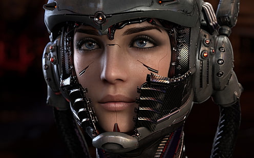 3D femme portant un fond d'écran numérique de casque gris, CGI, futuriste, science-fiction, casque, cyborg, art numérique, rendu, 3D, Fond d'écran HD HD wallpaper
