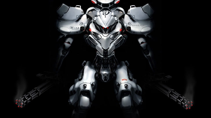ilustrasi robot putih, robot, karya seni, senapan mesin, seni digital, seni fantasi, mech, Wallpaper HD