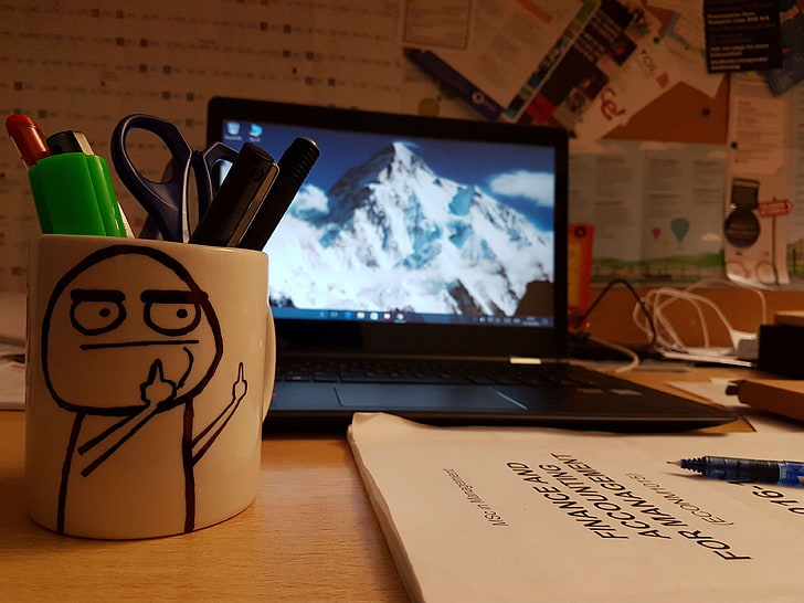 accounting, art, coffee mug, finance, laptop, management, meme, stay away, study, HD wallpaper