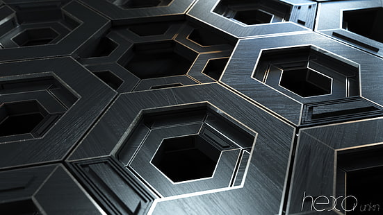 logo noir, 3D, art numérique, rendu, hexagone, Fond d'écran HD HD wallpaper