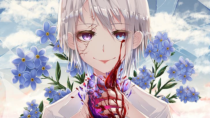 weißes Haar, kurzes Haar, männlich, Blumen, Blut, Anime, HD-Hintergrundbild