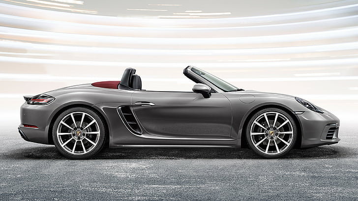 side-view of silver convertible coupe on white background, Porsche 718 Boxster, sports car, grey, HD wallpaper