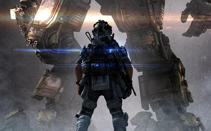 man wearing armor facing robot wallpaper, titanfall, respawn entertainment, electronic arts, ea, HD wallpaper