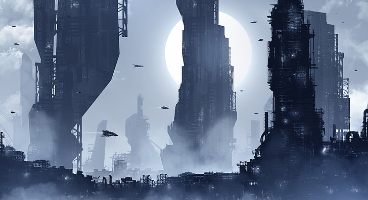 karya seni kota sci-fi, kota, futuristik, malam, Wallpaper HD
