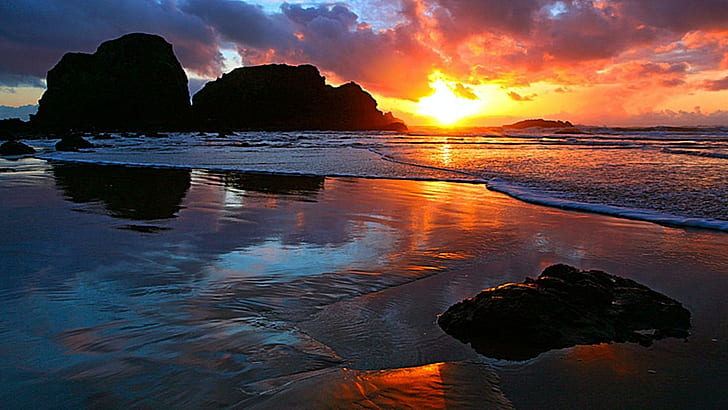 Goldener Sonnenuntergang an der Bucht, Strand an der goldenen Stunde, reizend, kühl, warm, faszinierend, erstaunlich, Schönheit, 3d und abstrakt, HD-Hintergrundbild