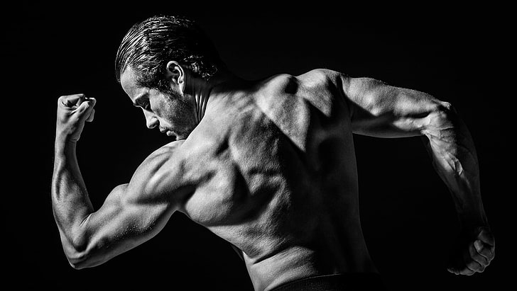 pose, back, hands, black and white, male, monochrome, muscles, athlete, HD wallpaper