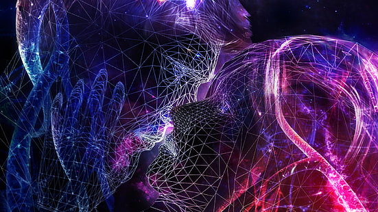 hombre y mujer 3D LED besando fondo de pantalla digital, arte de fantasía, abstracto, besos, personas, obras de arte, arte digital, oscuro, Fondo de pantalla HD HD wallpaper