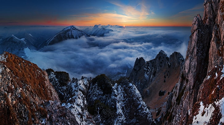 Luftbild von Wolken und Bergen tagsüber, Natur, Landschaft, Sonnenuntergang, Berge, Wolken, schneebedeckte Spitze, Gipfel, Klippe, Horizont, HD-Hintergrundbild